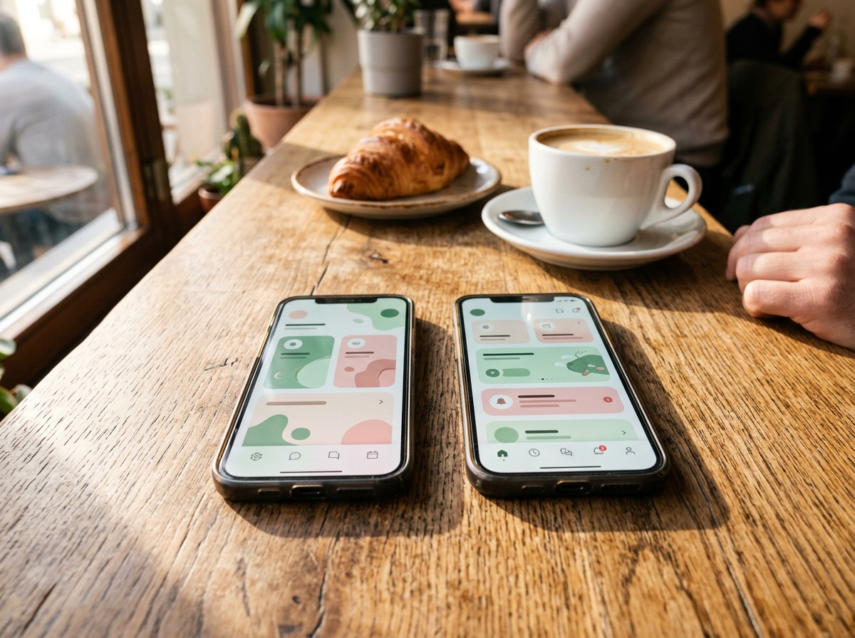 Zwei Smartphones auf einem Café-Tisch zeigen bunte Dating-App-Karten, warmes Morgenlicht, Kaffeetasse im Hintergrund
