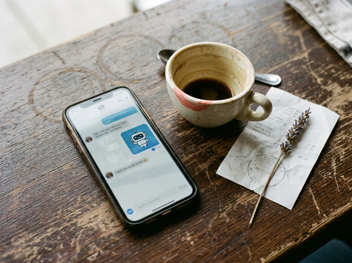 Smartphone auf Café-Tisch, Chatfenster mit abstraktem KI-Symbol sichtbar