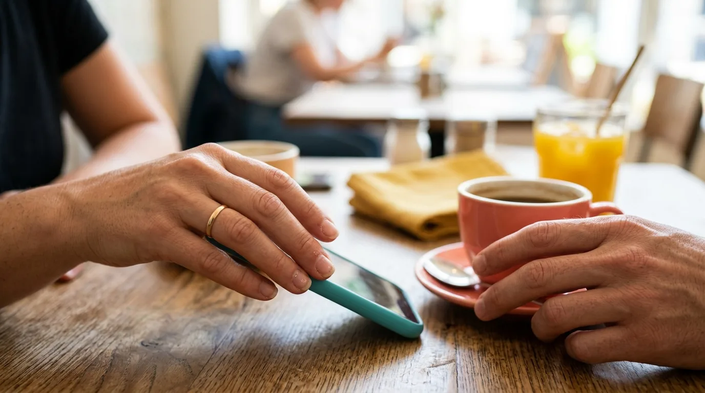 Smartphone-Bildschirm wird verstohlen vor Partner abgeschirmt — Symbolbild für die kleinen heimlichen Verhaltensweisen