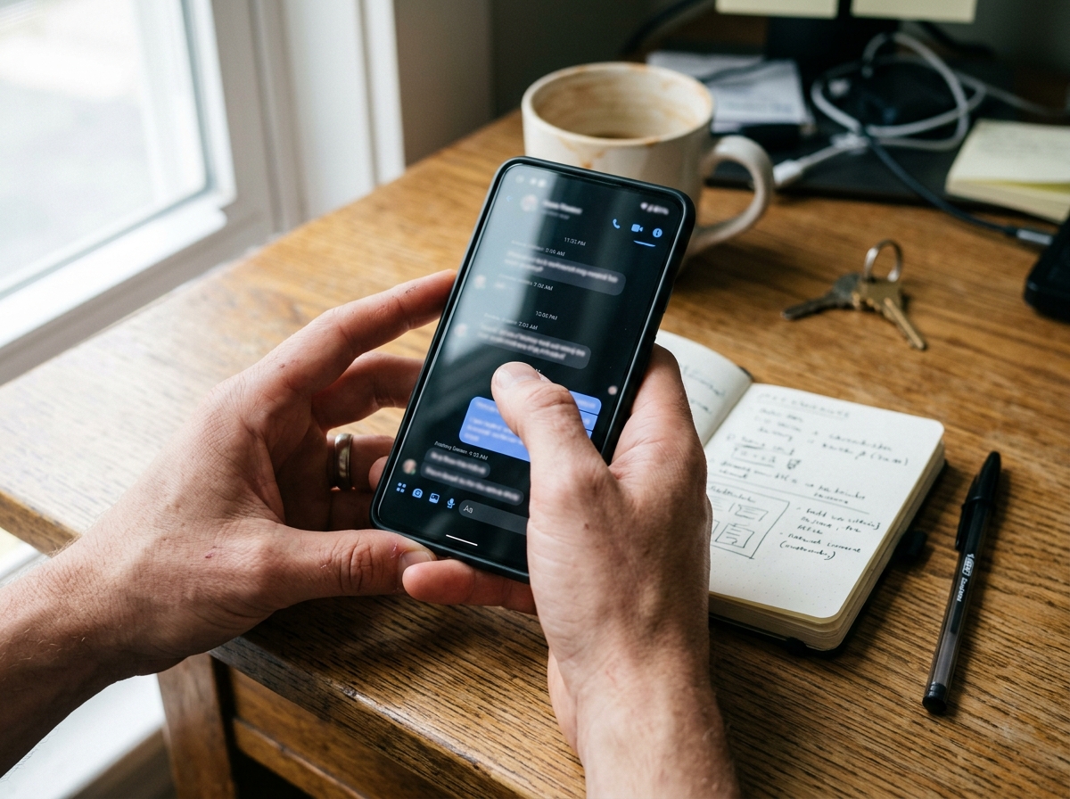Zwei Hände scrollen durch einen Chatverlauf auf dem Smartphone, Notizbuch daneben