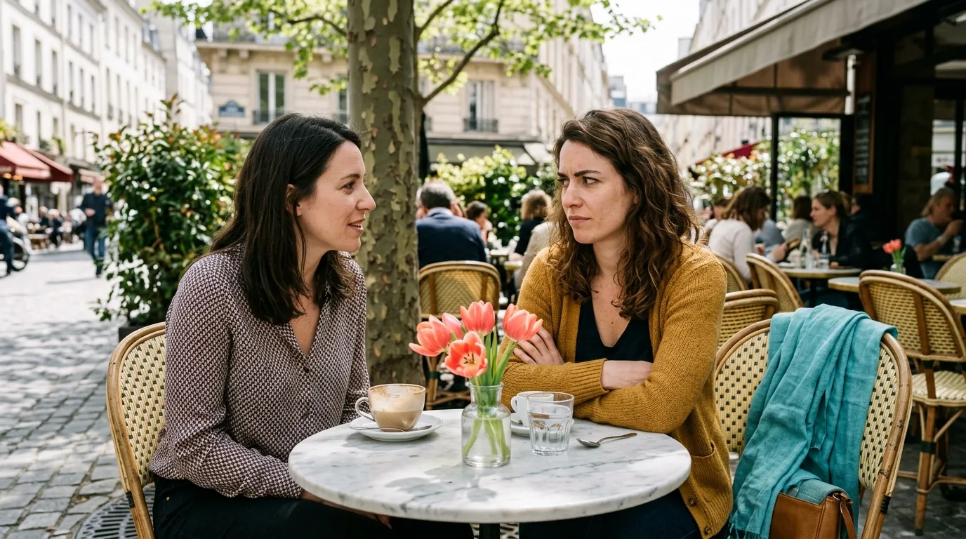 Zwei Frauen am sonnigen Strassencafe, eine skeptisch, die andere lehnt sich smirkend vor.
