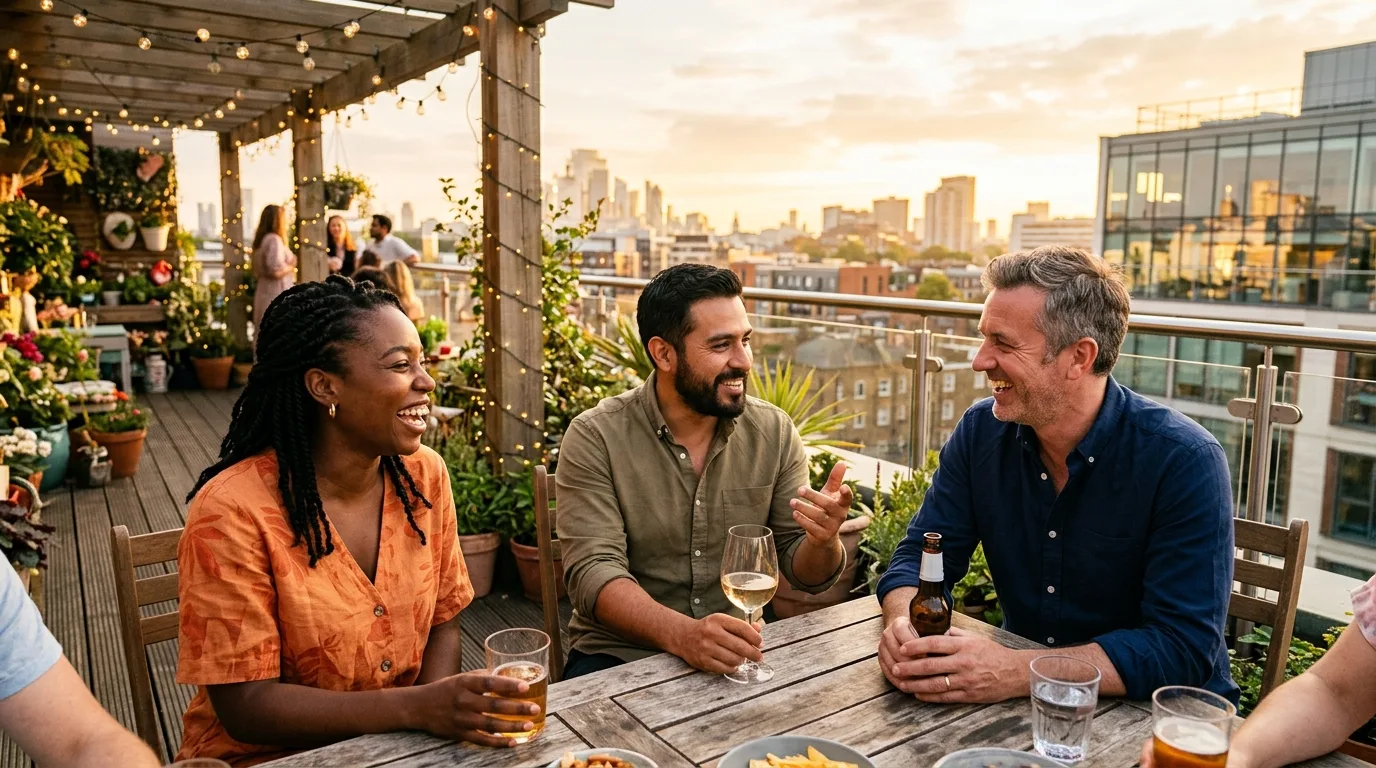 Drei Freunde unterschiedlichen Alters lachen entspannt auf einer sonnigen Dachterrasse