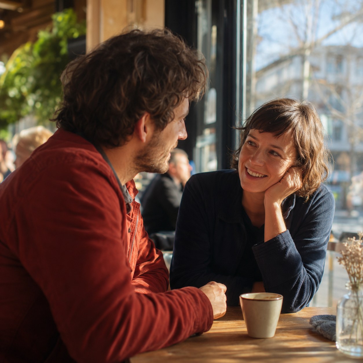 Zwei Menschen im Gespräch beim ersten Date, sonniges Café, authentisch und ungezwungen