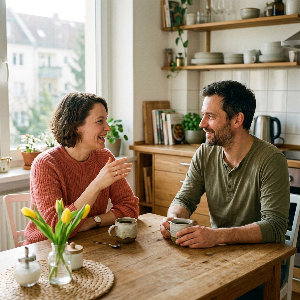 Ein Paar sitzt an einem sonnigen Küchentisch bei zwei Tassen Kaffee und spricht offen miteinander