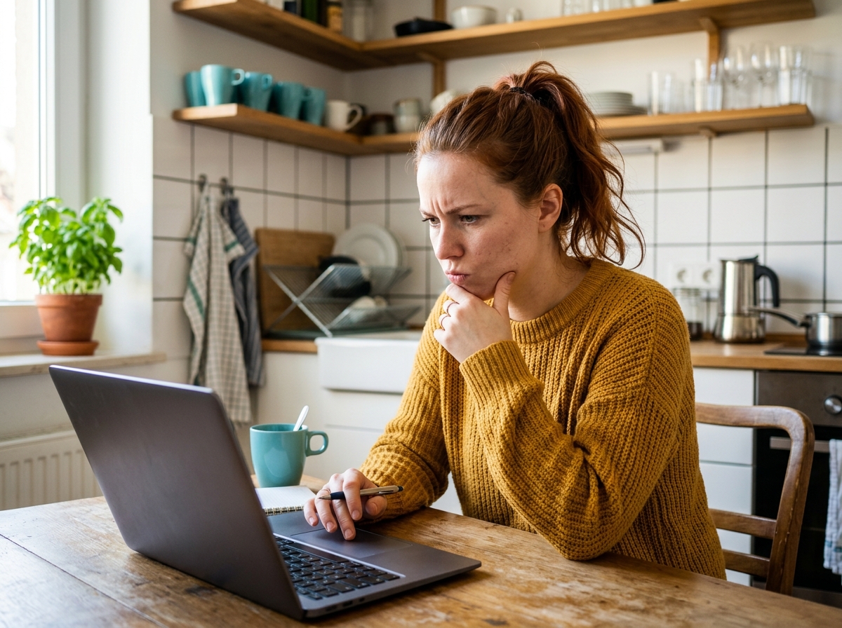 Frau prüft kritisch ein Online-Profil auf ihrem Laptop