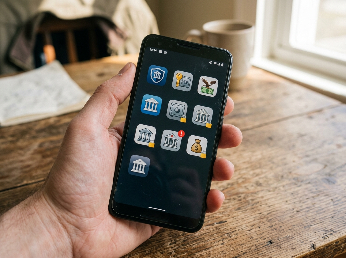 Smartphone zeigt mehrere gefälschte Banking-App-Icons — ein klassisches Warnsignal für KI-gestützten Finanzbetrug.