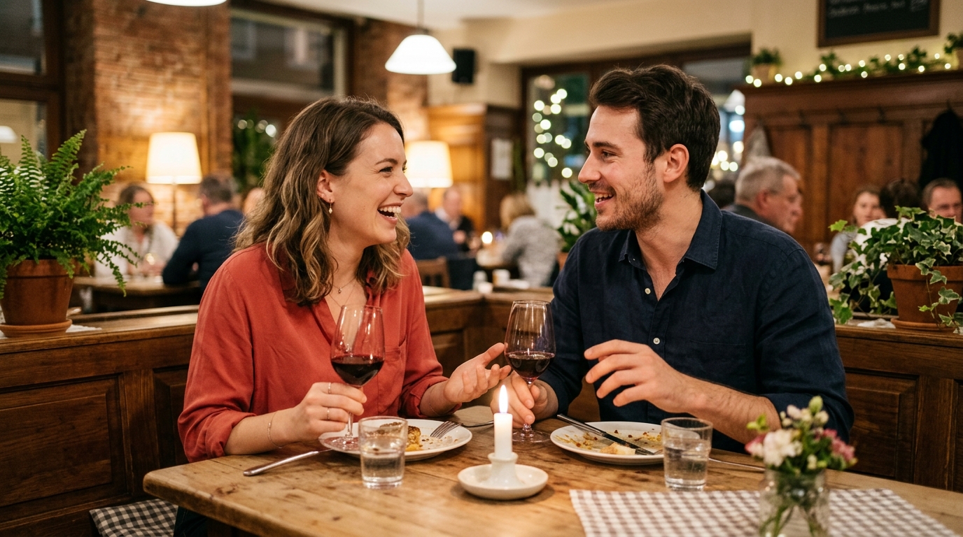 Paar sitzt entspannt bei Wein und Kerzenlicht am Tisch und diskutiert angeregt, warme Atmosphäre in Bernstein- und Burgunder-Tönen