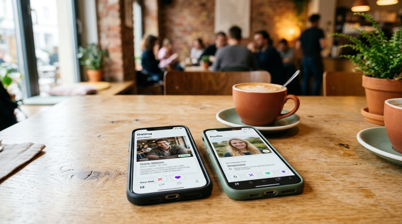 Zwei Smartphone-Dating-Profile nebeneinander, eines mit sichtbarem politischen Label, warme Bildsprache in Terrakotta und Salbeigrün