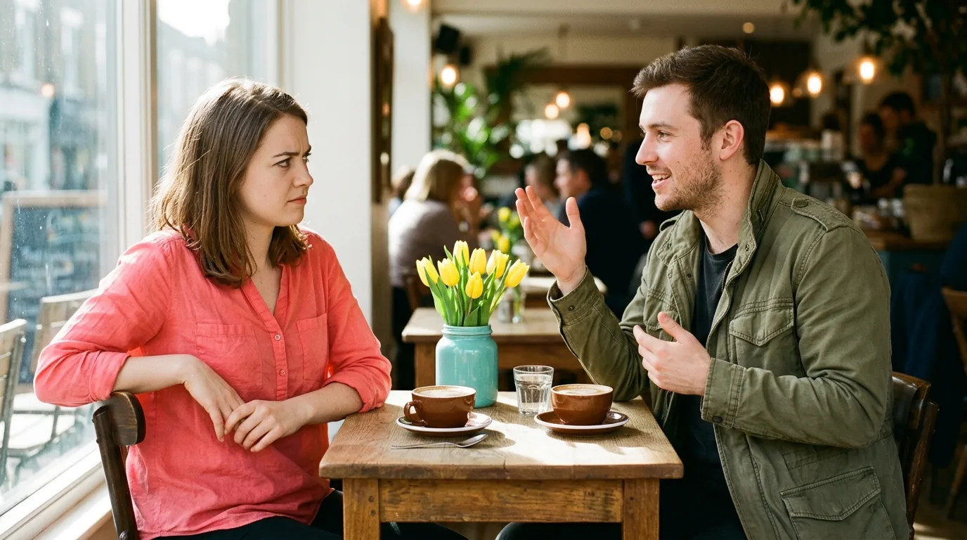 Frau mit skeptischem Blick gegenueber gestikulierendem Mann am sonnigen Cafetisch mit Tulpen