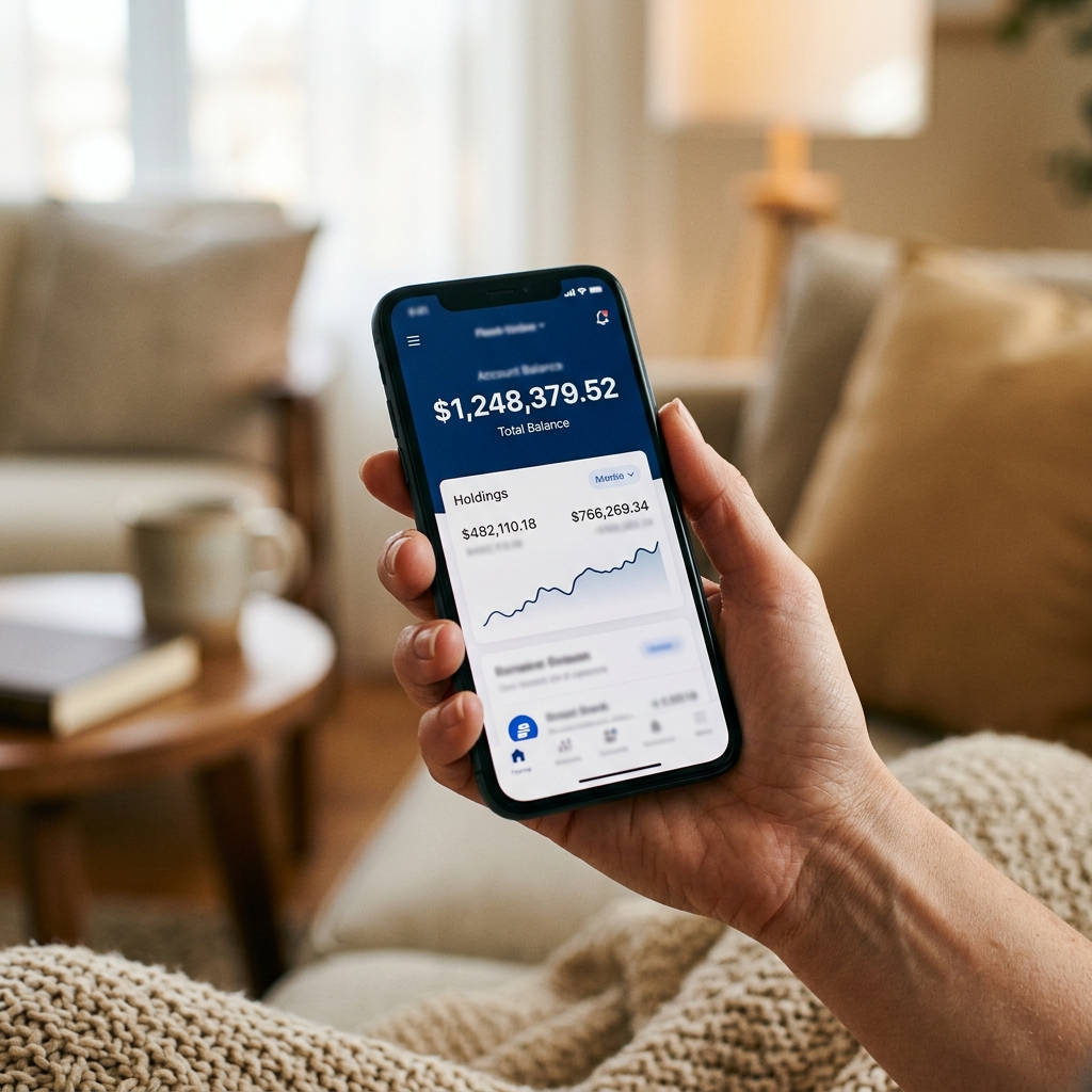 Smartphone-Display zeigt gefälschte Investment-App mit eindrucksvollem Kontostand, Hand hält das Gerät, warmes unscharfes Hintergrundlicht