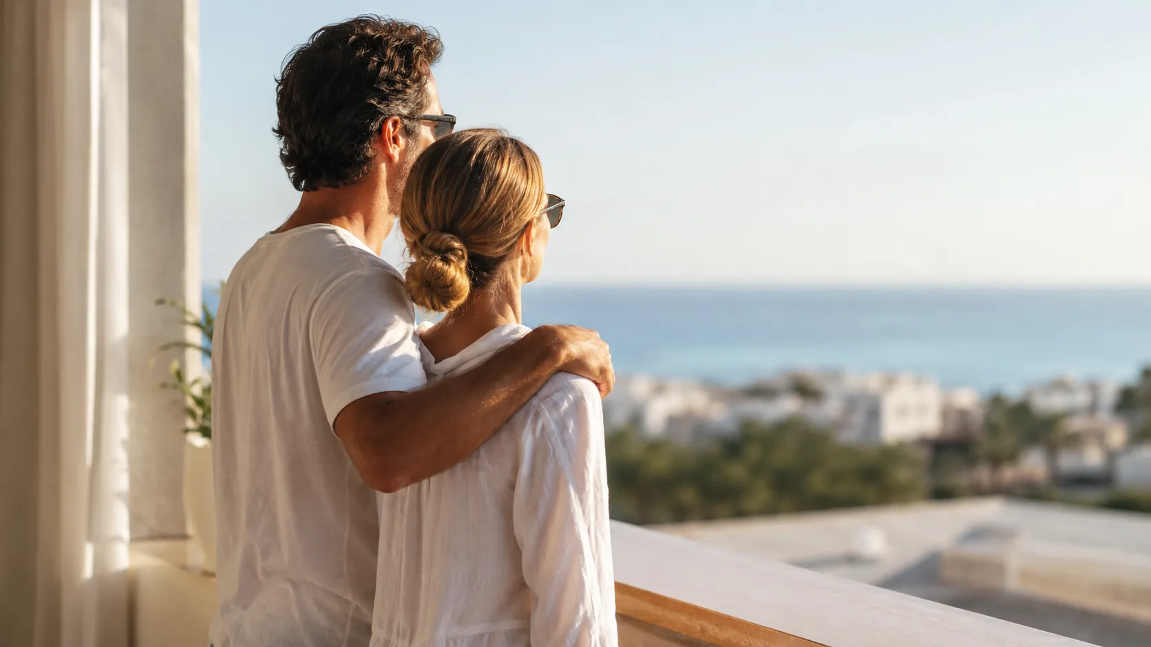 Paar steht in lockerer Umarmung auf einem Hotel-Balkon, Blick aufs Meer — entspannt, nicht inszeniert