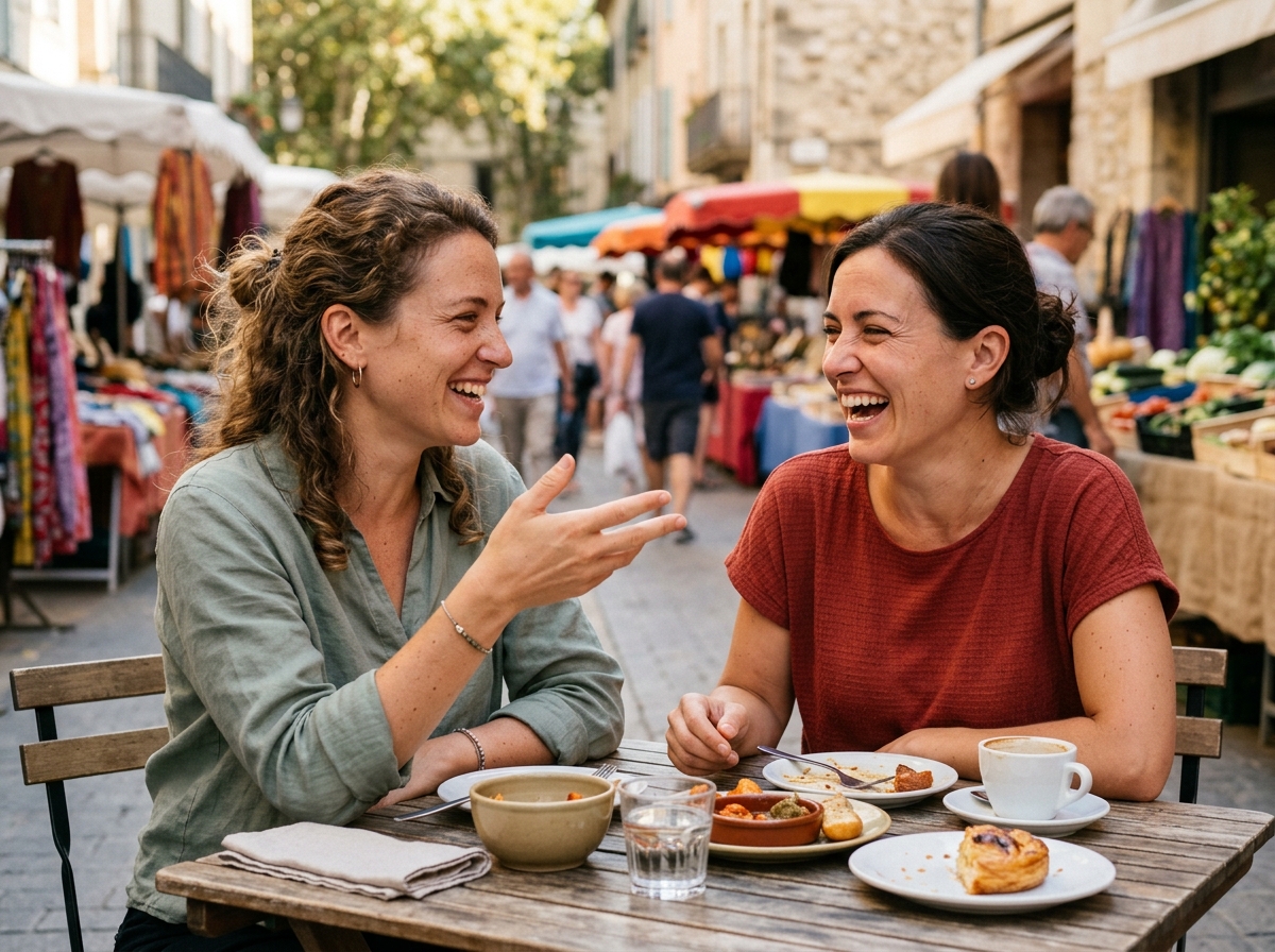 Zwei Frauen Anfang 30 sitzen lachend an einem sonnigen Markttisch und genießen die Zeit miteinander "Ein erfülltes Leben hängt nicht am Beziehungsstatus — das nimmt der Angst vorm Alleinsein ihre Macht"