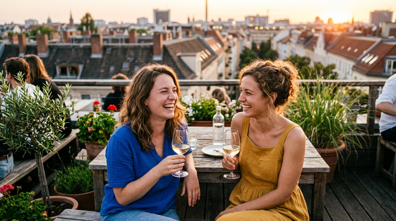 Zwei Freundinnen lachen zusammen bei einem Glas Wein auf einer Dachterrasse im Abendlicht, warme Bernstein- und Grüntöne