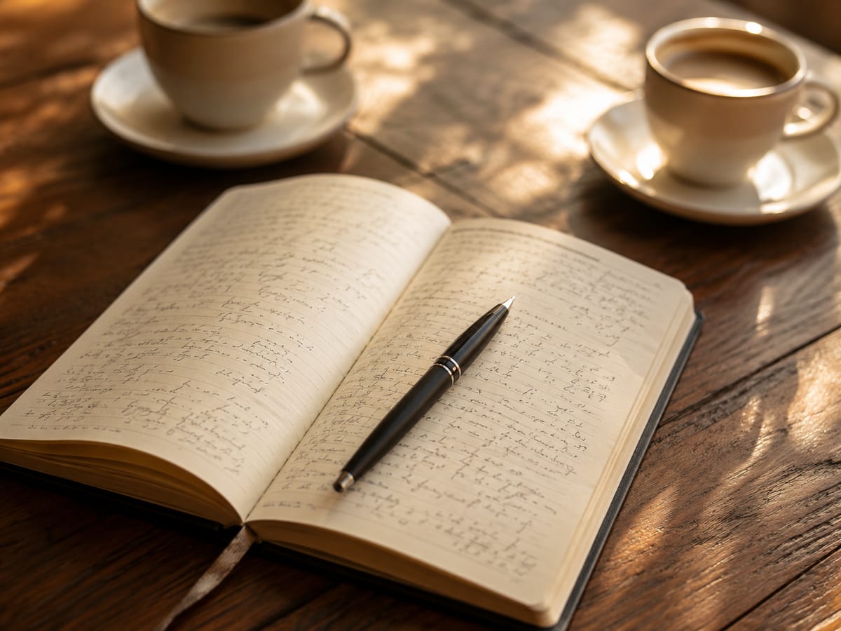 Zwei Kaffeetassen auf einem Tisch, davor ein aufgeklapptes Notizbuch mit handgeschriebenen Notizen, Sonnenlicht fällt schräg durch ein Fenster