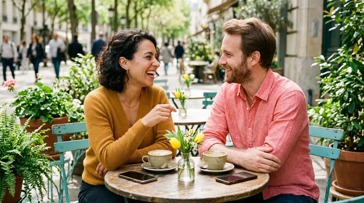 Zwei junge Menschen im Gespraech auf sonniger Cafe-Terrasse, Smartphones liegen umgedreht daneben