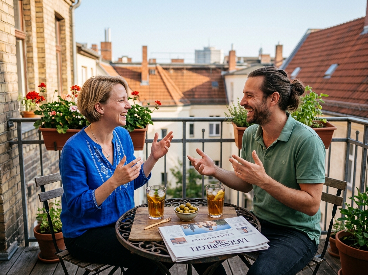 Pärchen Anfang 30 lacht bei einem ersten Treffen an einer sonnigen Café-Terrasse, davor zwei bunte Cocktails in Korallrot und Orange, im Hintergrund unscharfe Pflanzen