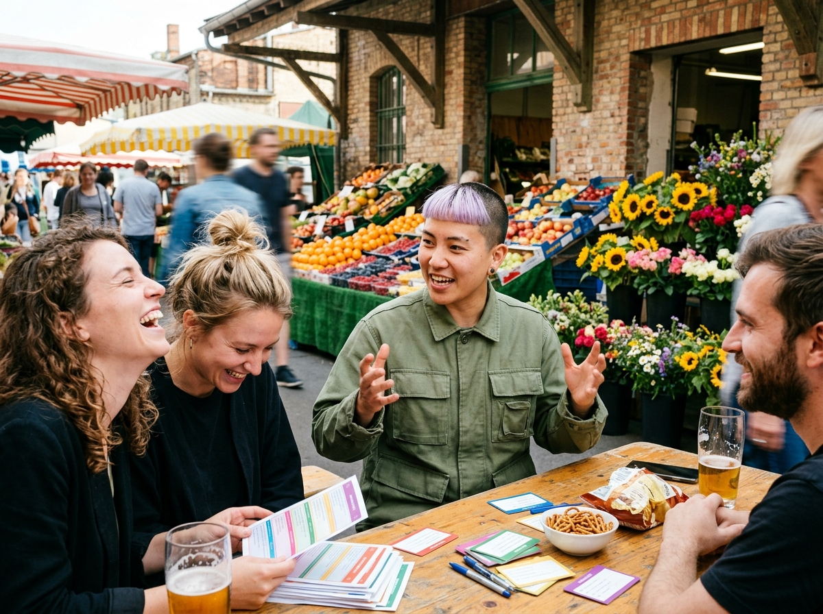 Gruppe bei Quiz Night in Berliner Bar, lachen über Antwortzettel, warmes Licht