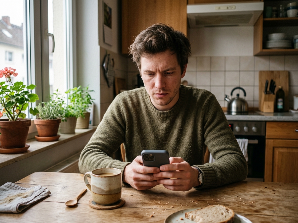 Mann Ende zwanzig liest am Küchentisch nachdenklich eine Nachricht auf dem Smartphone