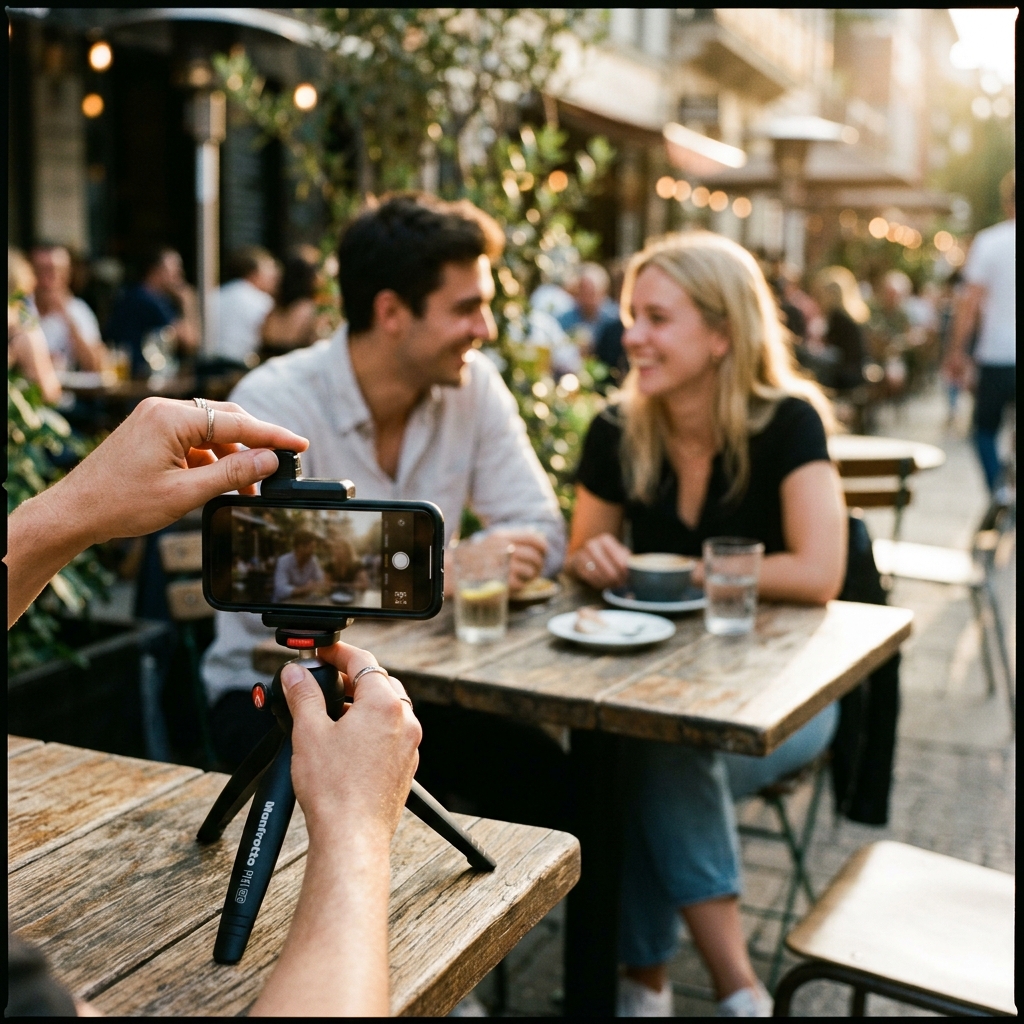 Ein Smartphone auf einem Stativ filmt ein unscharfes Paar bei einem Date im Café