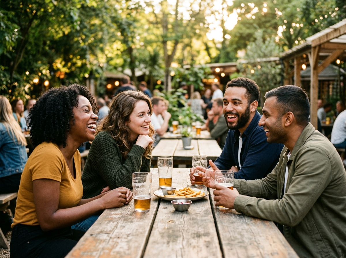 Zwei Freundes-Paare lernen sich an einem Tisch im sonnigen Biergarten kennen