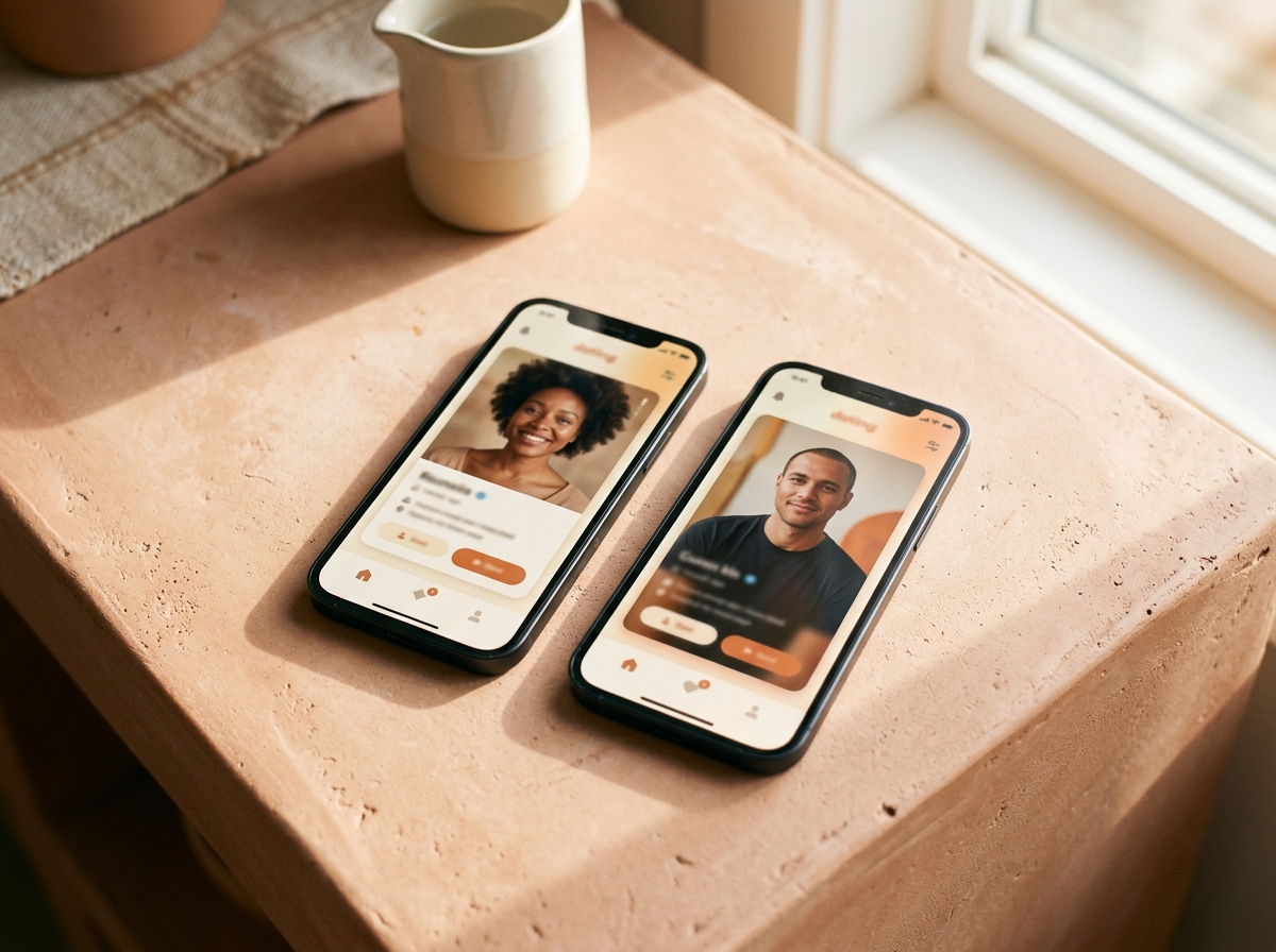Zwei Smartphones nebeneinander auf heller Oberfläche im Sonnenlicht – symbolisch für die Konkurrenz zwischen Dating-Apps