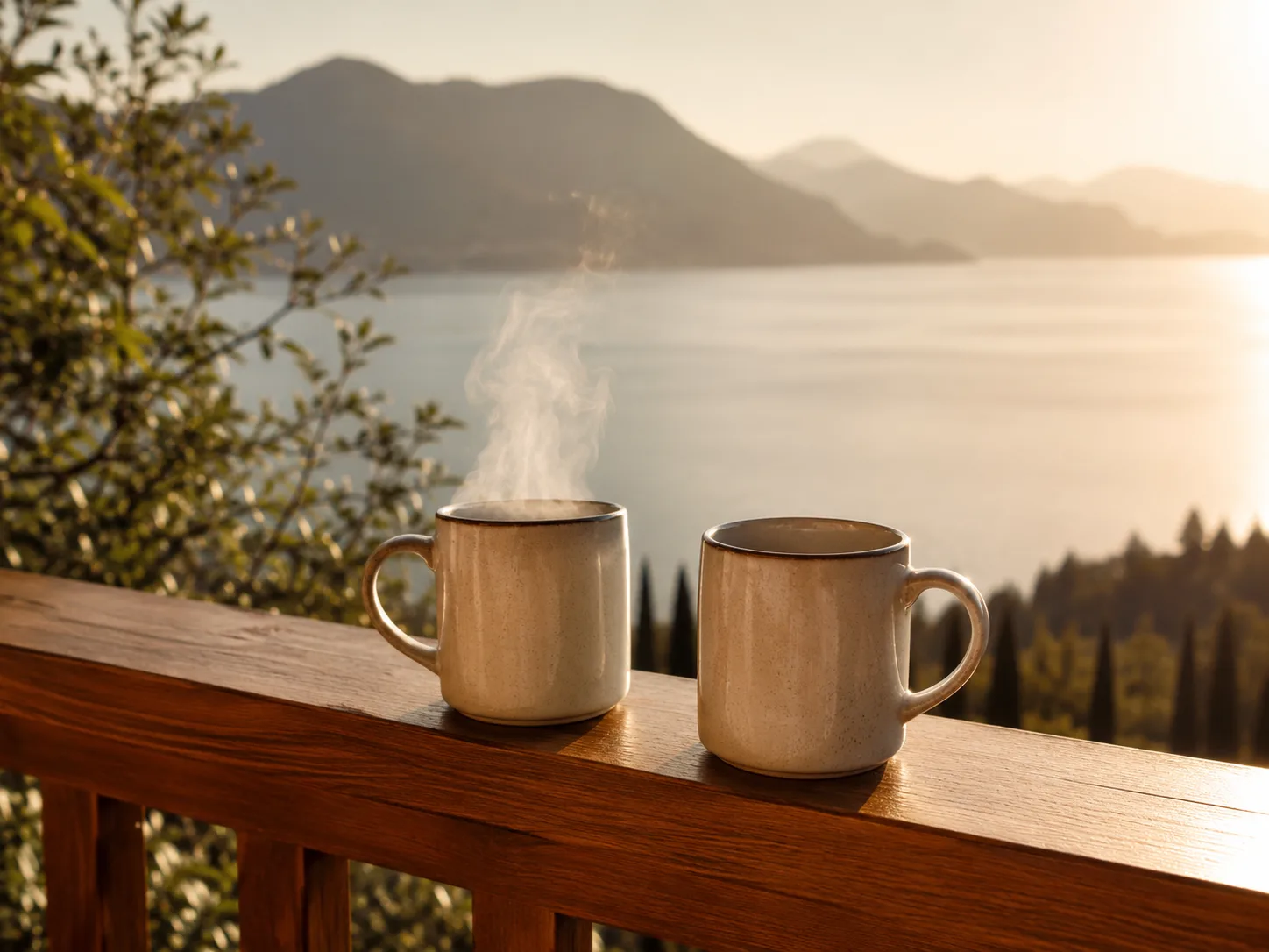 Zwei Kaffeetassen auf einem Hotelbalkon im Morgenlicht, im Hintergrund ein See