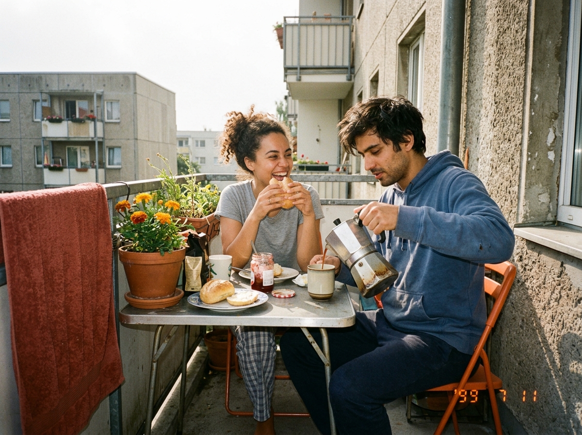 Paar Ende 20 frühstückt verschlafen auf einem schmalen Plattenbau-Balkon, einer lacht mit einem Brötchen in der Hand, der andere gießt Kaffee ein