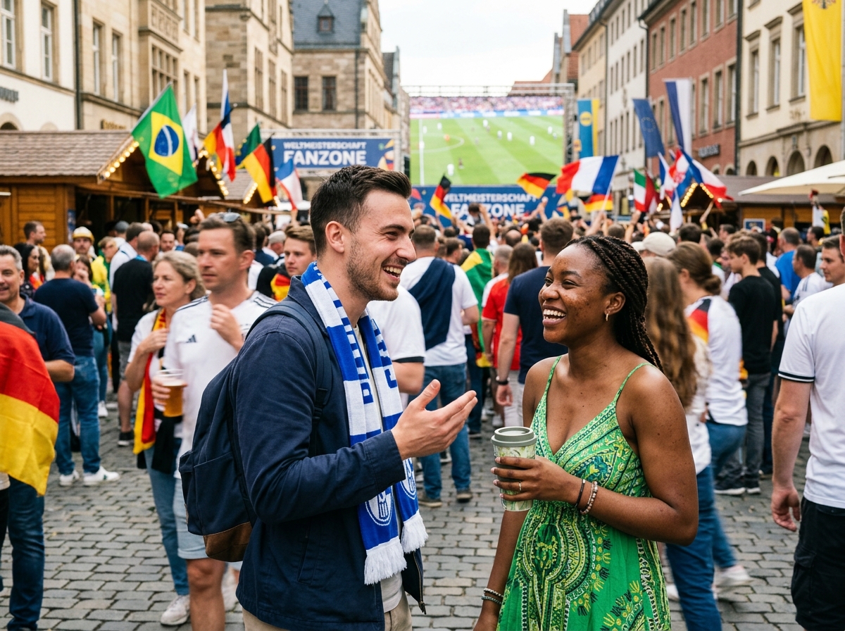 Zwei Menschen unterschiedlicher Herkunft beim Kennenlernen in einer belebten Stadt während der WM
