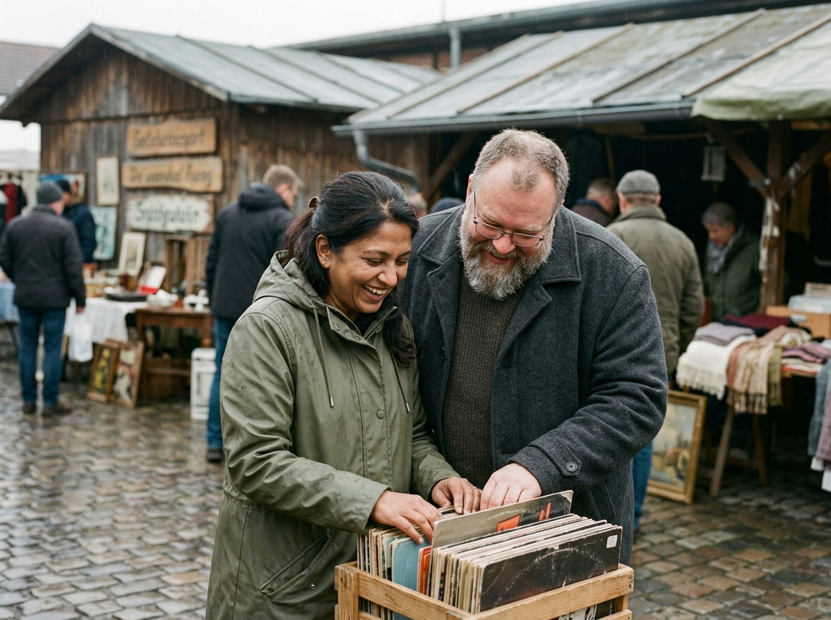 Paar Ende 40 schlendert beim zweiten Date über einen Flohmarkt und lacht über eine Kiste alter Schallplatten, grauer bedeckter Tag